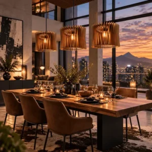 3 Confident pendant lights hanging over a dining table
