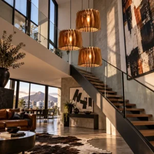 The Daring pendant light hanging in a cluster of 3 in a grand loft type stairwell