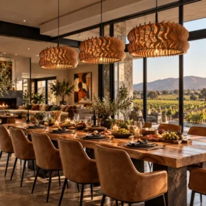 3 Playful pendants hanging over a dining room table